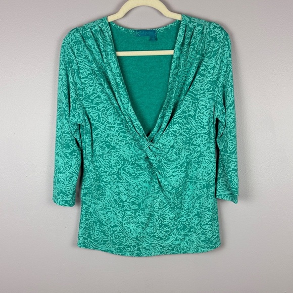 Fresh Produce Turquoise Patterned Wrap 3/4 Sleeve Blouse Size Medium - Picture 2 of 10